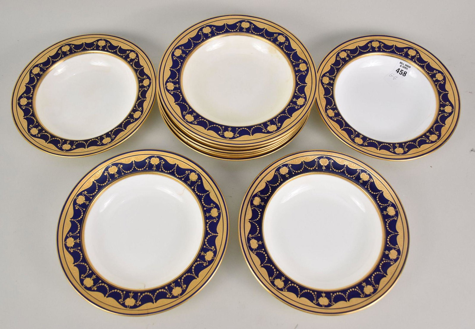 10 Minton Soup Bowls, Blue & Gold Border (age cracks & old repairs): 10 Minton Soup Bowls, Blue & Gold Border (age cracks & old repairs)