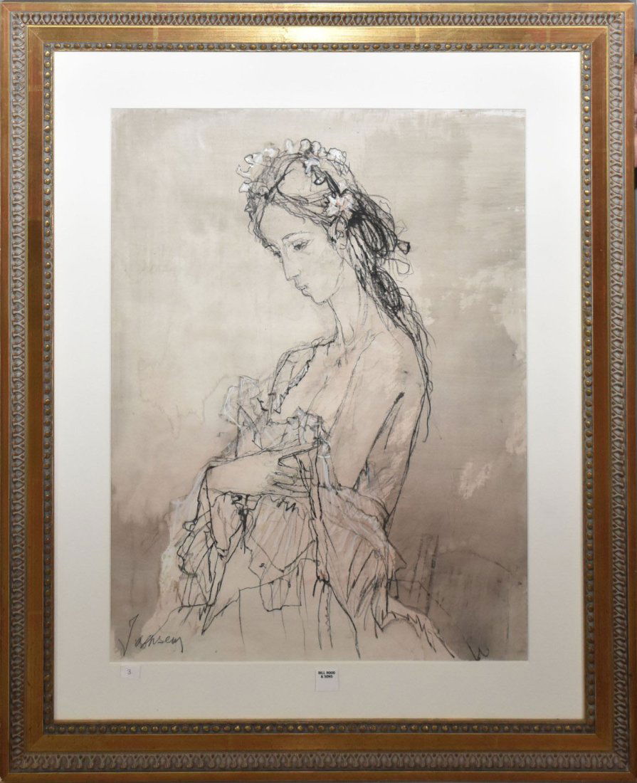 Jean Jansem (FRENCH, 1920â€“2013) Watercolor: Jean Jansem (FRENCH, 1920â€“2013) Watercolor - 26 x 19.5 36 x 29.5 "Young Girl with Hair Wreath"
