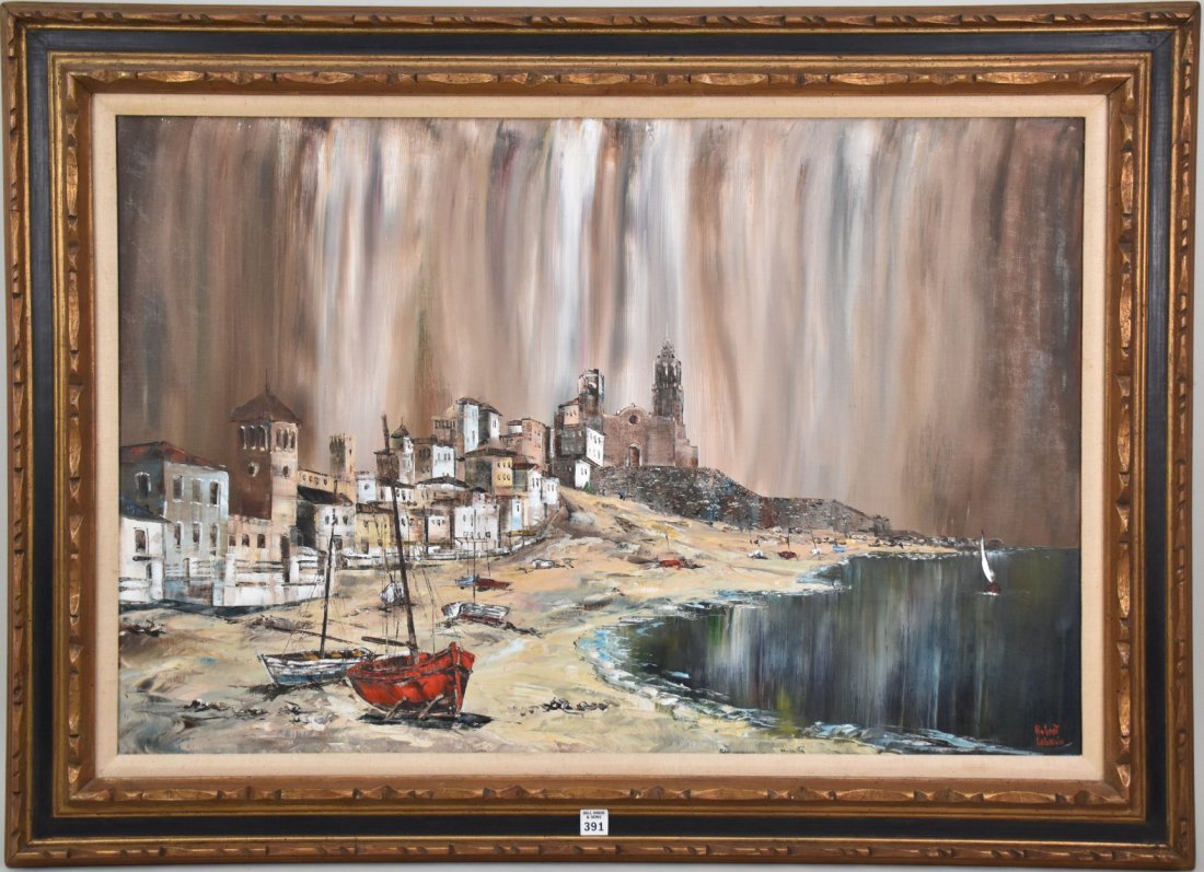 Robert Lebron (AMERICAN, 1928â€“2013) oil on canvas, coastline with village and sailboats, (1 of 7)