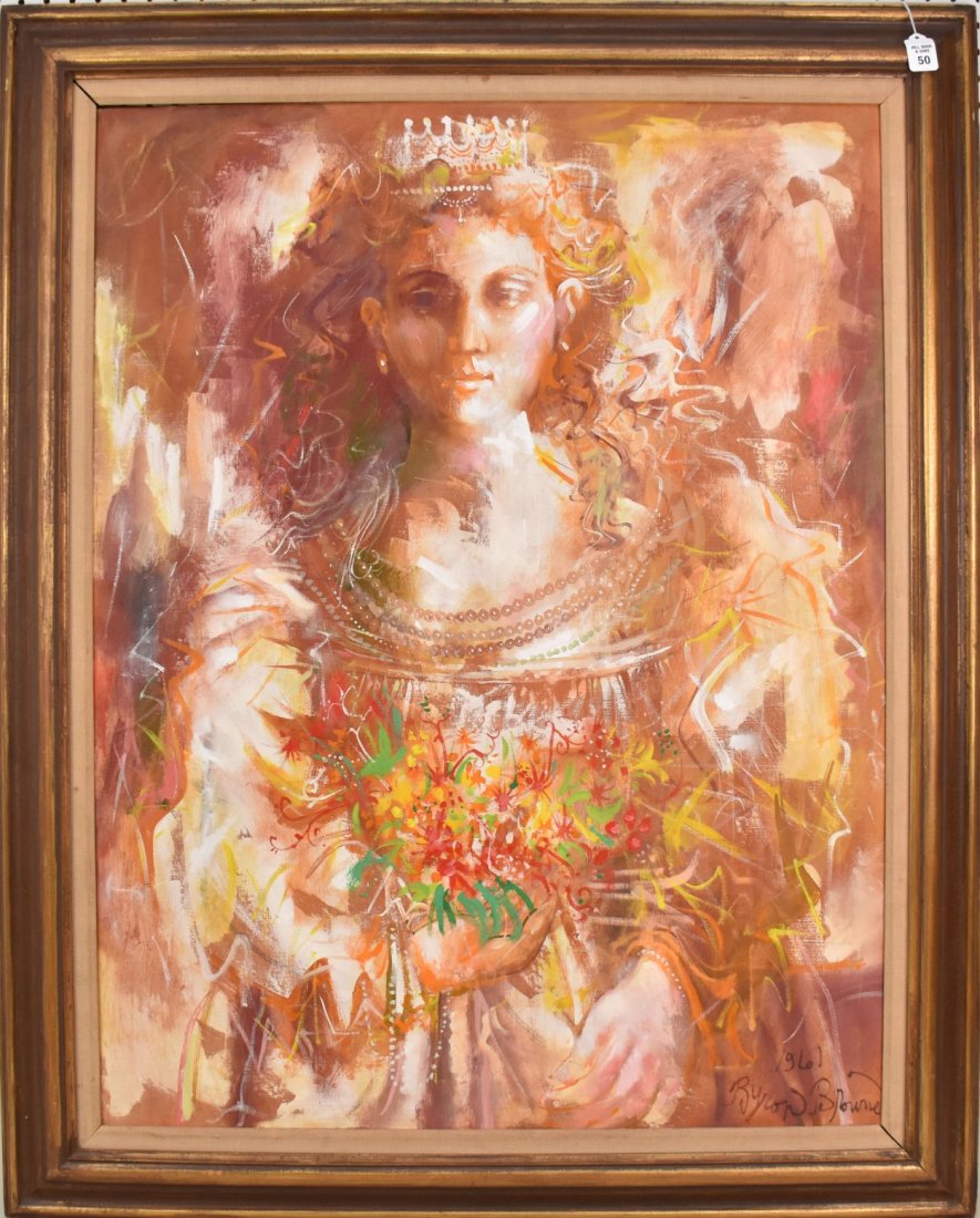 Byron Browne Large Oil on Canvas - Primavera - 1961: Byron Browne (AMERICAN 1907â€“1961) titled: Primavera - 1961, Oil on Canvas, 38 x 30 inches, Signed and Dated 1961