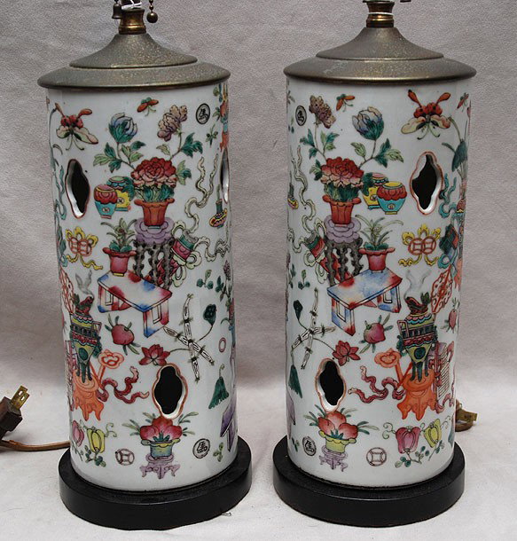 Pair of Chinese Famille rose cylindrical vases, 19t: Pair of Chinese Famille rose cylindrical vases, 19th c, each mounted as table lamps, 22"h