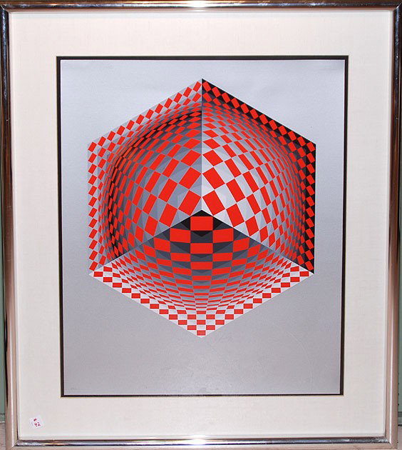 VICTOR VASARELY, Hungarian/French 1908-1997, “Red &: VICTOR VASARELY, Hungarian/French 1908-1997, “Red & Grey Vertical Cube”,very large original silkscreen limited edition XIII/L , sight size 31” x 25”, signed in pencil lower right just below th