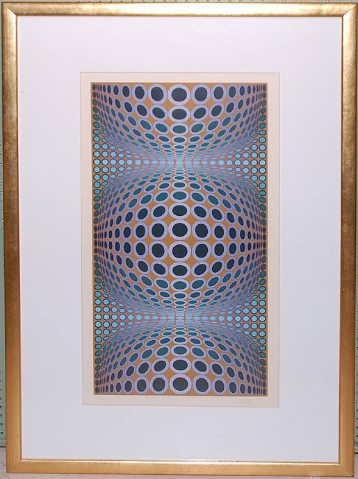 VICTOR VASARELY, Hungarian/French 1908-1997, “Gold,: VICTOR VASARELY, Hungarian/French 1908-1997, “Gold, Green & Blue Vertical Abstract” , very large original silkscreen limited edition 182/250 , Sight size 35” x 18”, signed in pencil lower righ