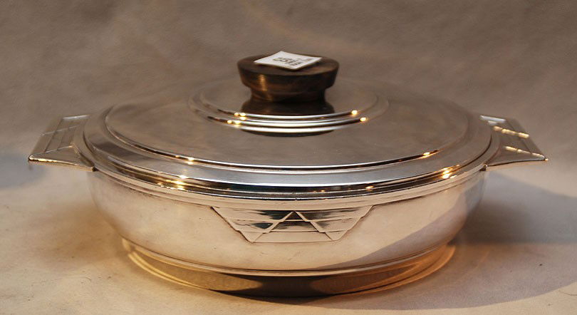 Silver plated Art Deco casserole dish, French, 10 1: Silver plated Art Deco casserole dish, French, 10 1/2"dia x 3 1/4"h