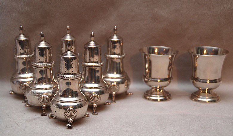 3 pairs of Fisher salt & pepper shakers and 2 foot: 3 pairs of Fisher salt & pepper shakers and 2 footed salt cellars with shell and paw feet, 15oz
