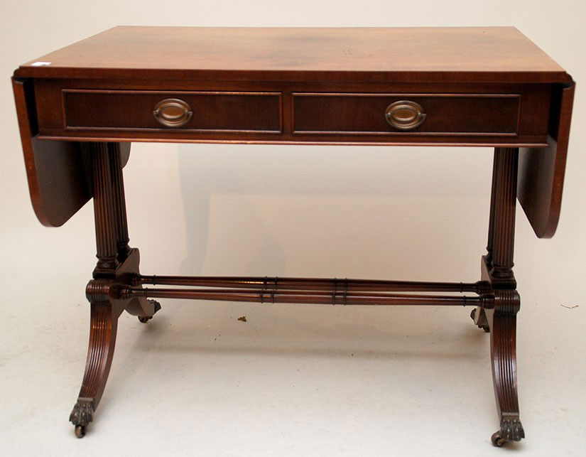 Mahogany sofa table, labeled Kittinger, banded ri: Mahogany sofa table, labeled Kittinger, banded rim, drop leaf ends with 2 side by side drawers with turned stretcher base