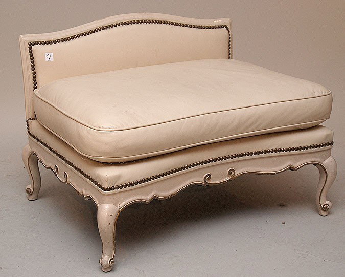 Diminutive leather upholstered French style sette: Diminutive leather upholstered French style settee/chair with brass nail heads and ruffled back pocket, 23 1/2"h x 33"w x 24"d
