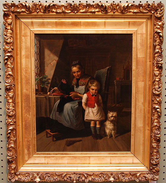 19th Century German School? oil on canvas laid on: 19th Century German School? oil on canvas laid on board, Interior with mother child & dog, 18"x14-1/2"