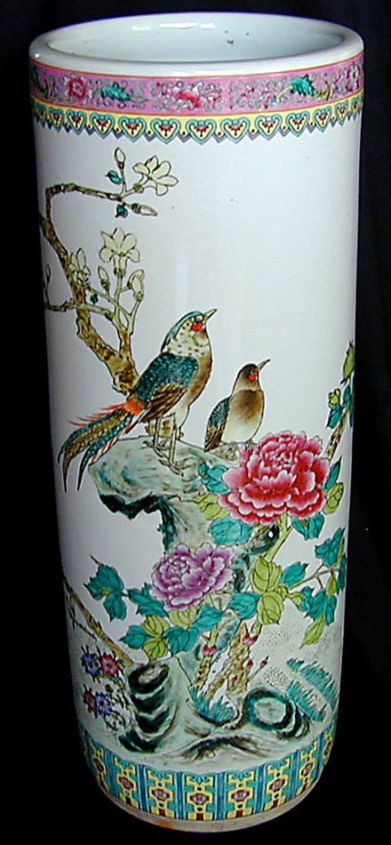 OLD CHINESE UMBRELLA STAND 24"HAn old Chinese porc: OLD CHINESE UMBRELLA STAND 24"HAn old Chinese porcelain umbrella stand; 24"H with famille rose and bird enameling; very good condition, no chips, cracks or restorations.