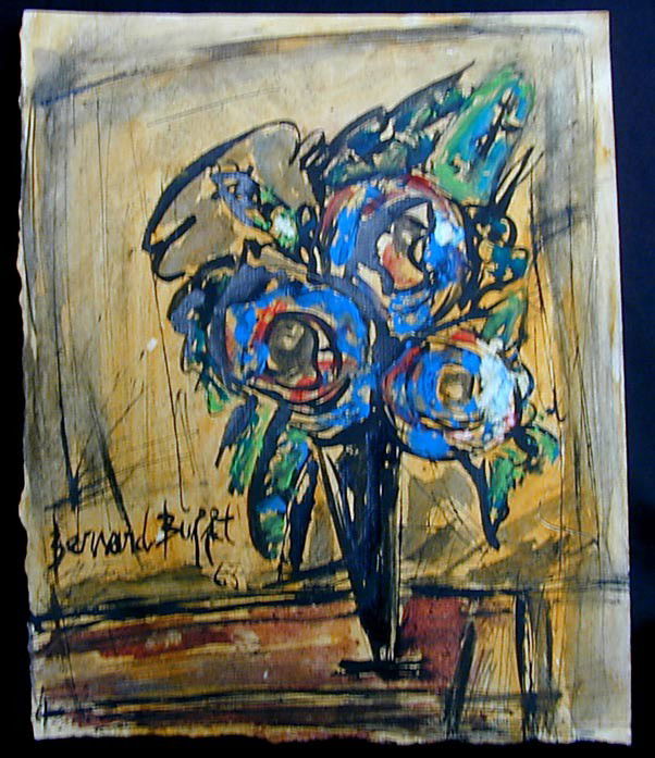 BERNARD BUFFET (FRENCH 1928-1999) MIXED MEDIAA mix: BERNARD BUFFET (FRENCH 1928-1999) MIXED MEDIAA mixed media on paper of Flowers in Vase; oil, ink and watercolor composition; signed, 12" x 10".