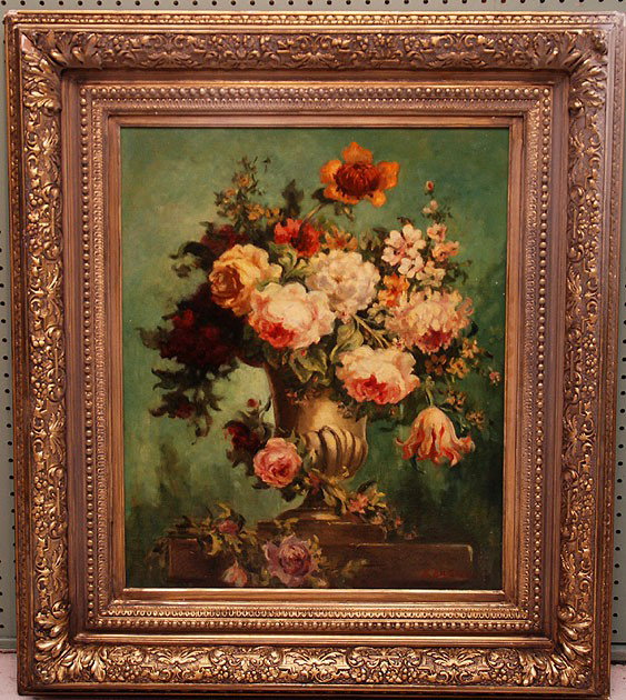 Alfred Théodore Joseph Bastien (BELGIAN, 1873-1955: Alfred Théodore Joseph Bastien (BELGIAN, 1873-1955) oil on canvas, "Flowers", 21"X26"