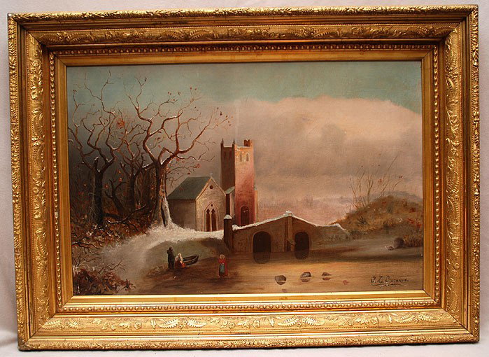 19th century Continental School signed CL Garhart?: 19th century Continental School signed CL Garhart?, oil on canvas laid on board, winter scene, 16"x24"