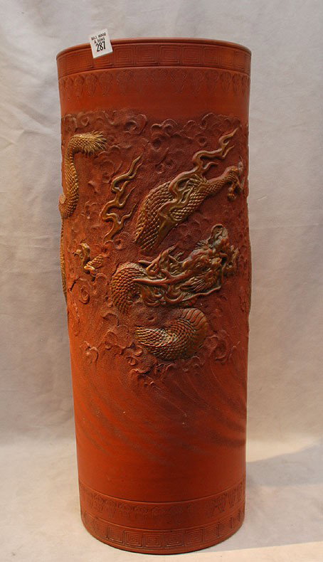 Oriental terra cotta umbrella stand, 24"h: Oriental terra cotta umbrella stand, 24"h