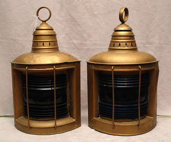 Pair of old electrified ship lanterns, 17"h x 7 1/: Pair of old electrified ship lanterns, 17"h x 7 1/2"w (one dented)