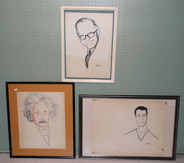 William Auerbach Levy (AMERICAN/RUSSIAN, 1889-1964: William Auerbach Levy (AMERICAN/RUSSIAN, 1889-1964) 3 PEN & INK CARICATURES sold together, Mort Sahl 18"x24" , Albert Einstein 20"x15", Bennett Cerf 20"x13-1/2"