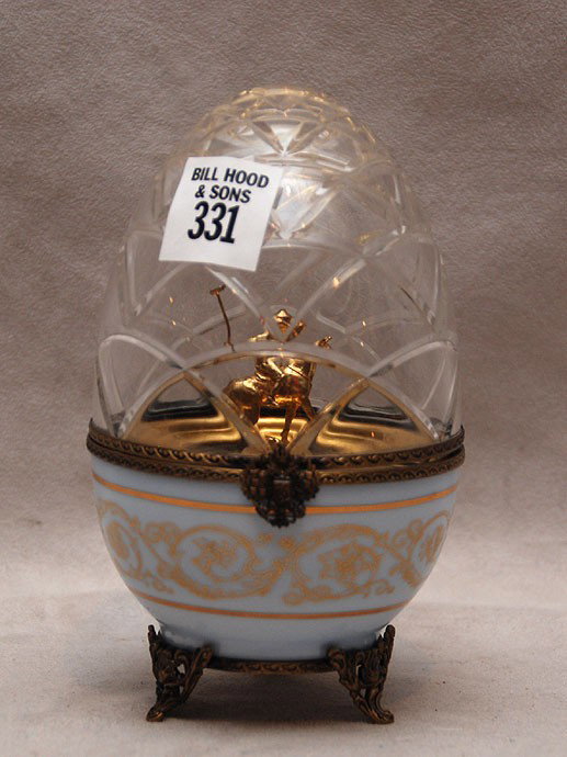 Faberge Limoges France hinged glass & porcelain eg: Faberge Limoges France hinged glass & porcelain egg (miniature polo player under glass) 6"h x 3 1/2"w