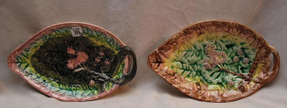 2 Majolica leaf-form dishes, probably Minton, 1890: 2 Majolica leaf-form dishes, probably Minton, 1890-1910, 11 1/4"L