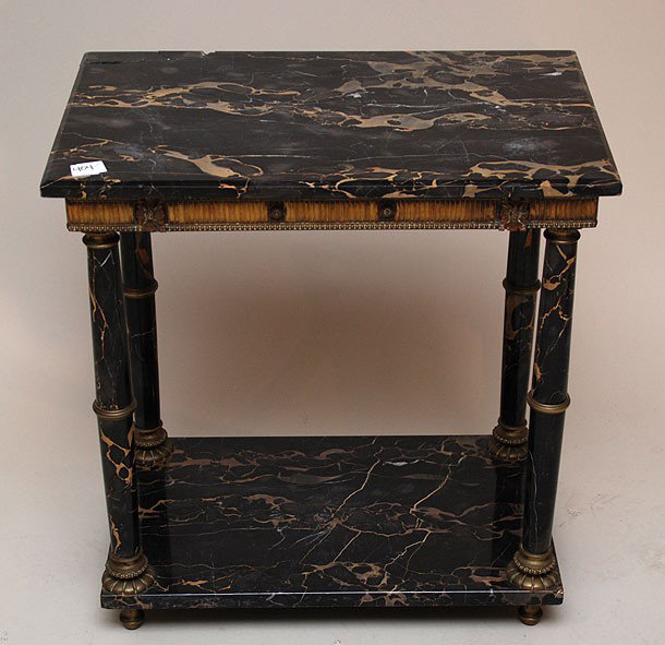 2 tiered French Empire style occasional table with: 2 tiered French Empire style occasional table with black marble (5" damaged corner)