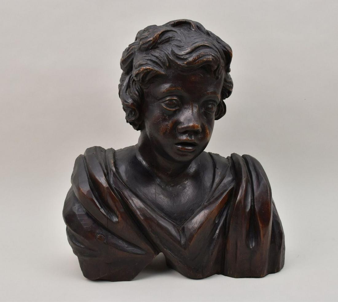 Antique Continental Figural Carved Wood Bust Wall Hanging - c. 19th century, Europe. A large hand (1 of 7)