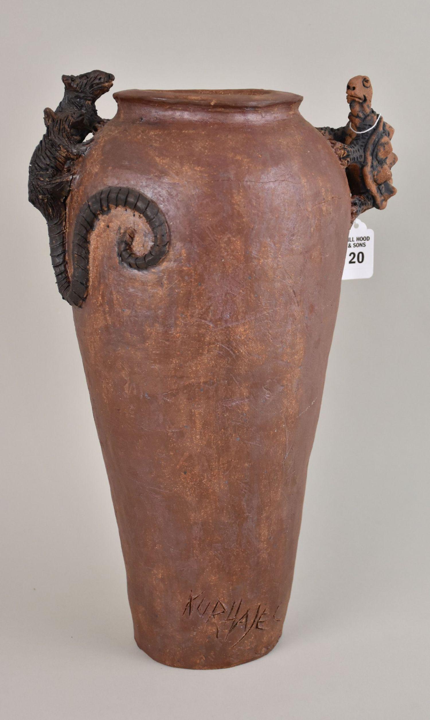 Joseph Kurhajec (American, b. 1938) Art Pottery Vase Rats & Turtle - A heavy pottery interpretive (1 of 8)