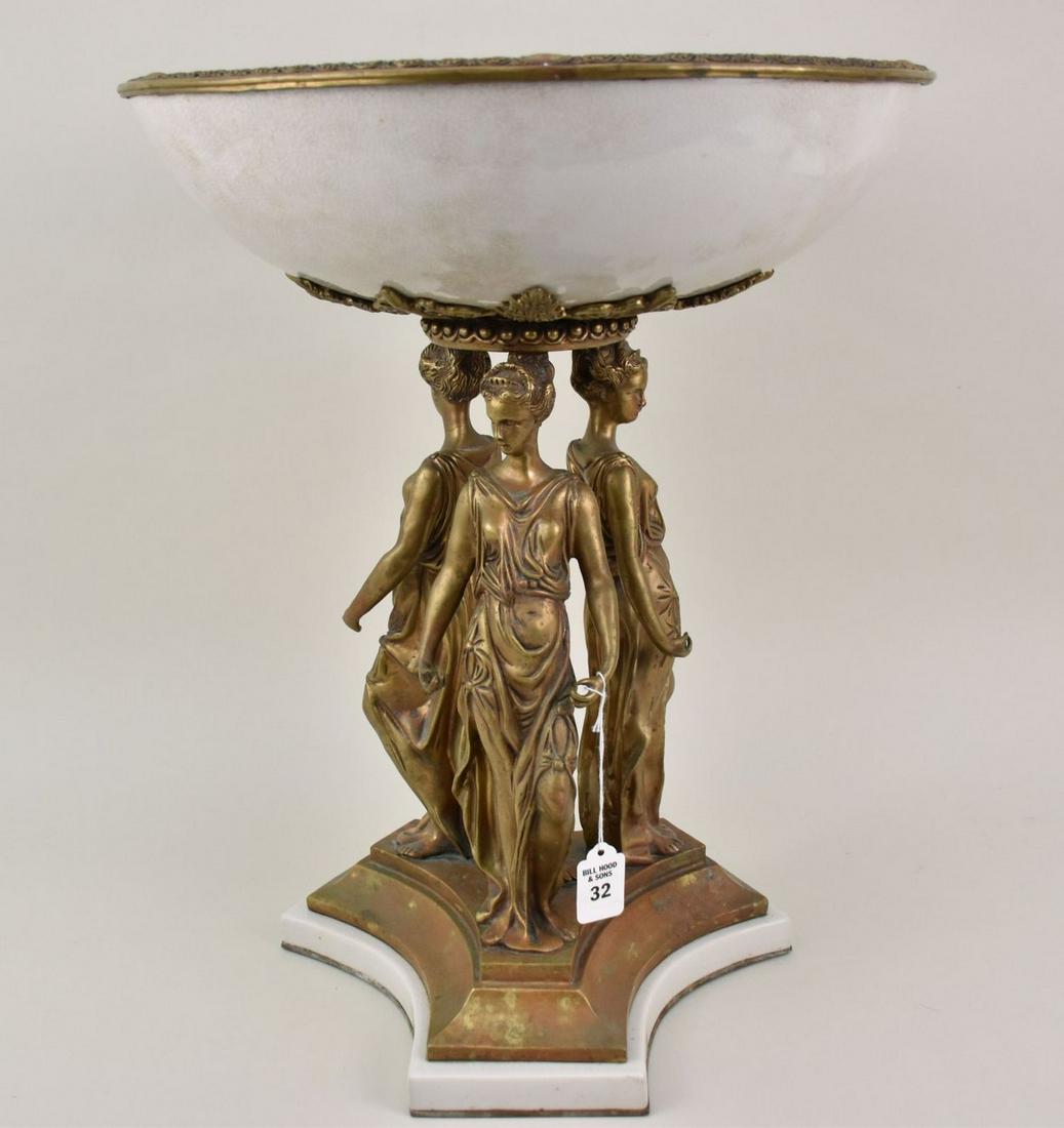 Porcelain & Bronze Figural Three Graces Centerpiece Bowl - 20th century. A porcelain bowl atop a (1 of 8)