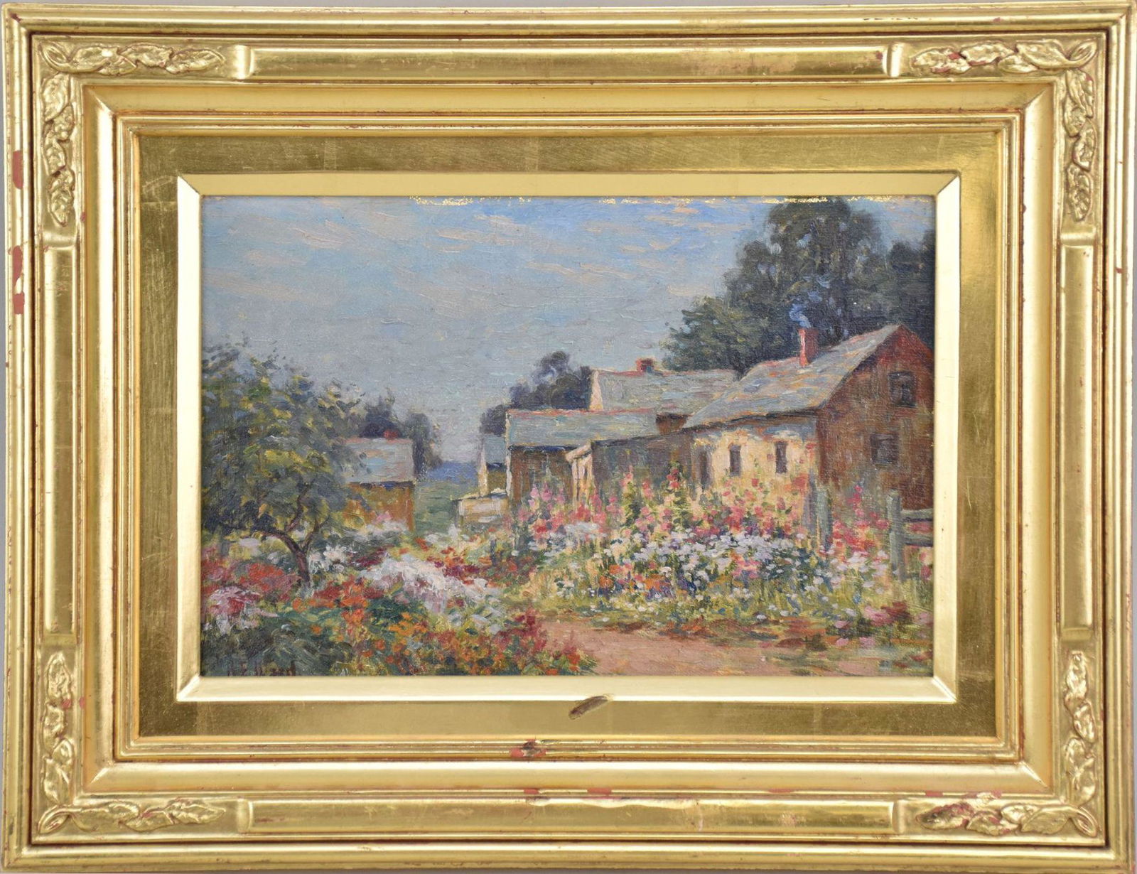 Arthur E. Ward (1863 - 1928) oil on canvas, "Cottage Garden", street with houses and flowers, signed (1 of 5)