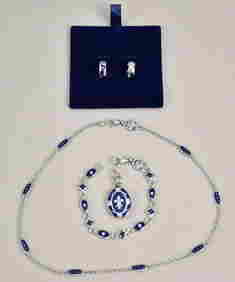 FABERGE GERMANY 18K WHITE GOLD DIAMOND AND BLUE ENAMEL SET. Necklace 151/500 blue enamel no diamonds (1 of 10)