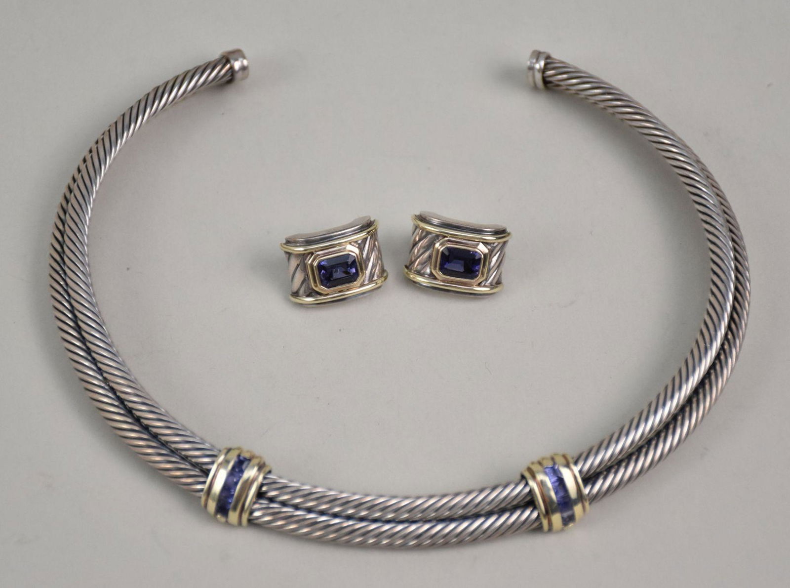 DAVID YURMAN 14K GOLD & SILVER DOUBLE CABLE COLLAR NECKLACE & Earrings  Metal: 14k Yellow Gold & (1 of 5)