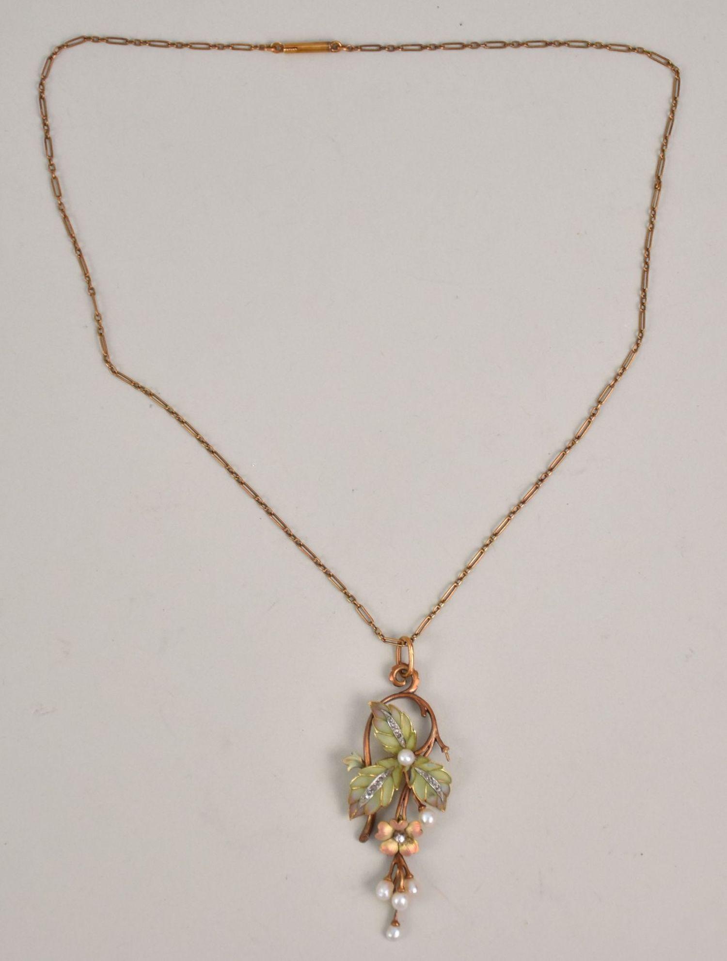 14K Rose Gold Necklace with Enamel Pearls & Diamond Accents. Floral leaf motif pendant 2.5" Necklace (1 of 6)