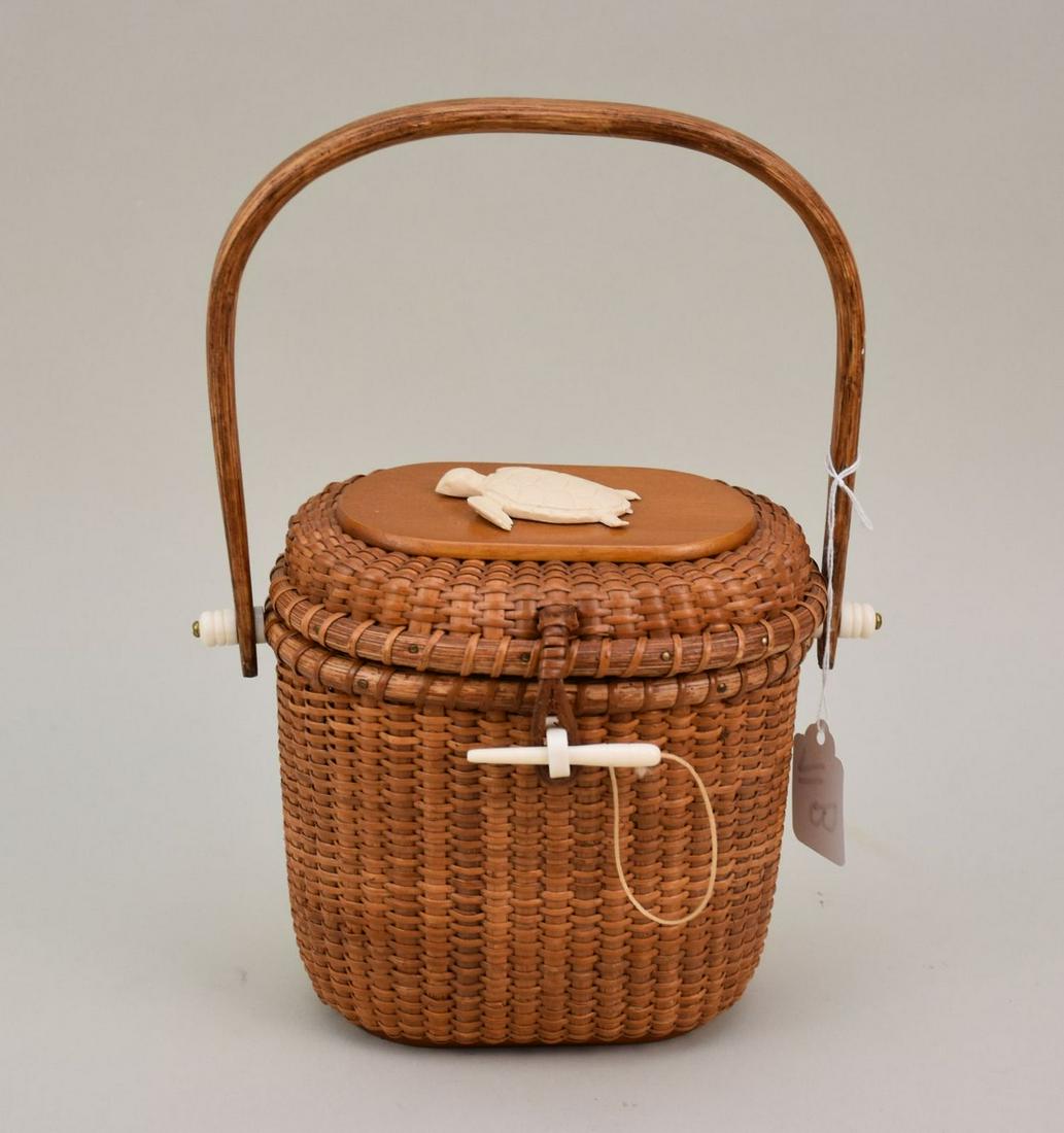 Signed Nantucket Basket with Swing Handle, Signed Farnum 2007, Turtle on Lid, 12"h top of handle x (1 of 7)