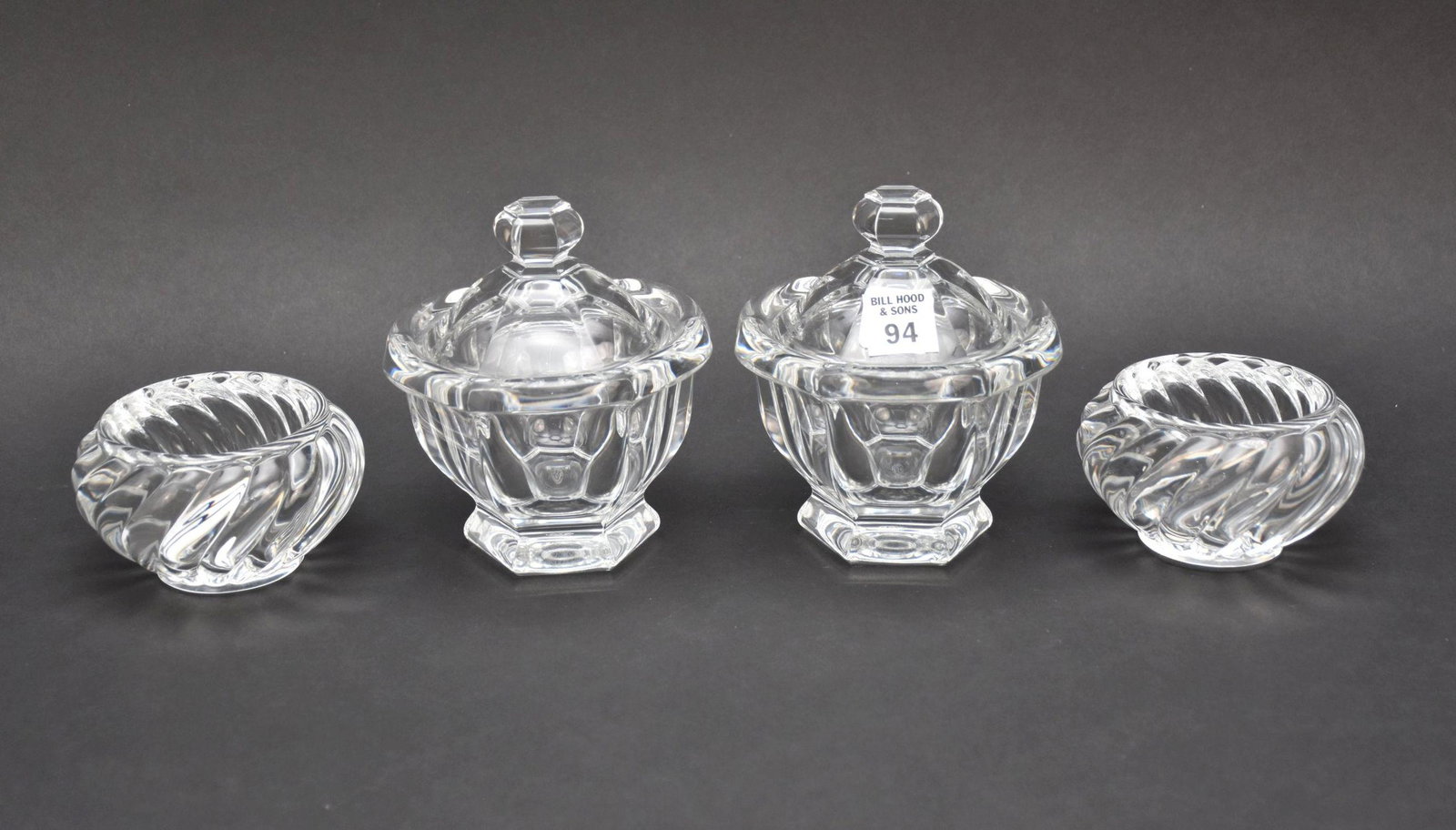 Pair Baccarat Crystal Lidded Condiment Bowls (5 1/2"h x 3 3/4"dia) AND 2 Baccarat Ribbed Open: Pair Baccarat Crystal Lidded Condiment Bowls (5 1/2"h x 3 3/4"dia) AND 2 Baccarat Ribbed Open Condiment Bowls (2 3/4"h x 3 1/4"dia)
