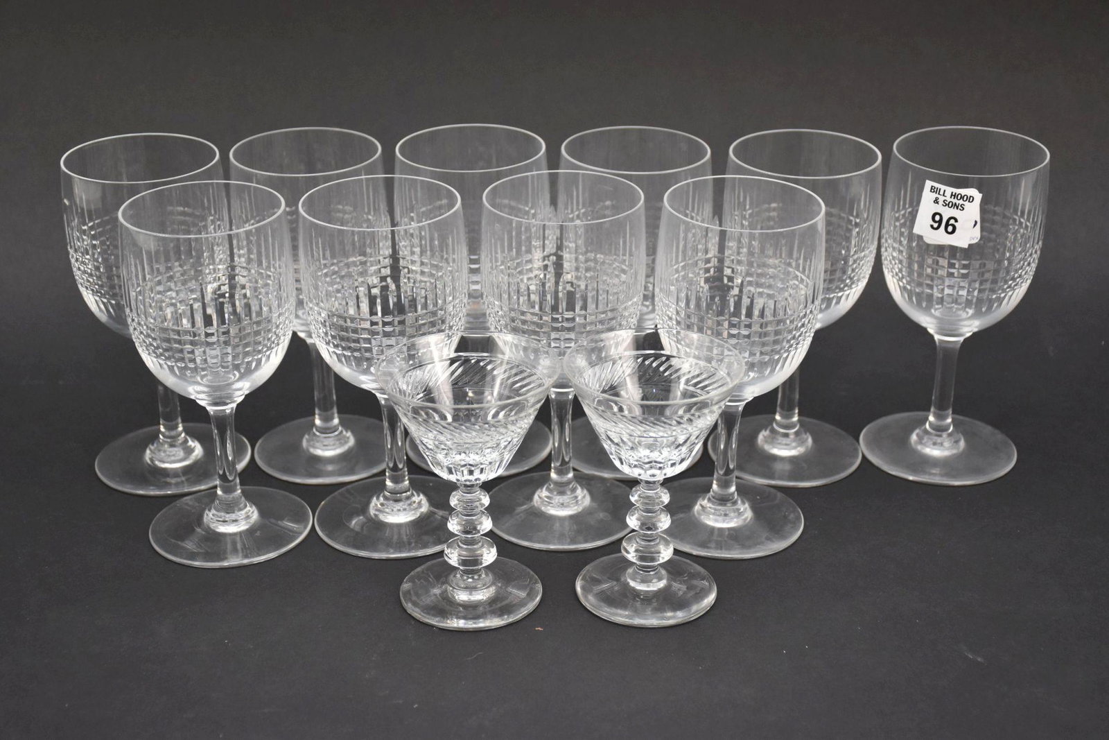 10 Baccarat Crystal Nancy Claret Wine Glasses, 6 1/4"h and 2 Unmarked Stems,: 10 Baccarat Crystal Nancy Claret Wine Glasses, 6 1/4"h and 2 Unmarked Stems,