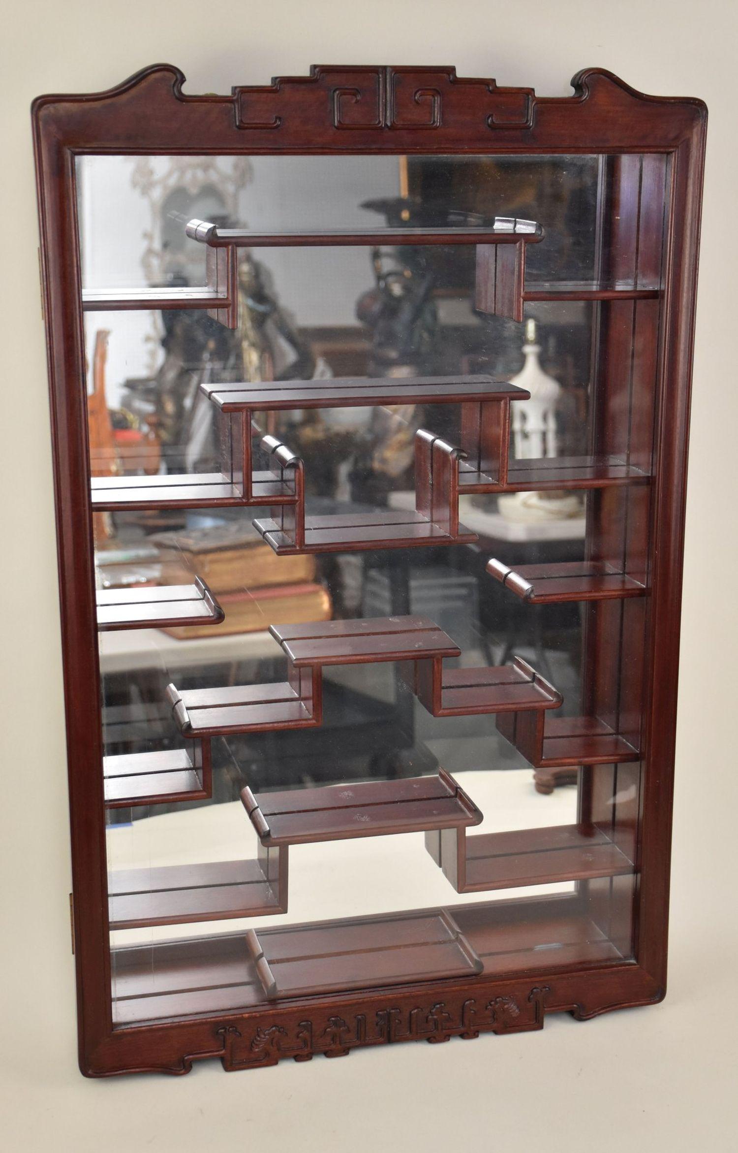 Oriental Rosewood Netsuke/Snuff Bottles Hanging Mirrored Cabinet, 31"h x 20"w (1 of 7)