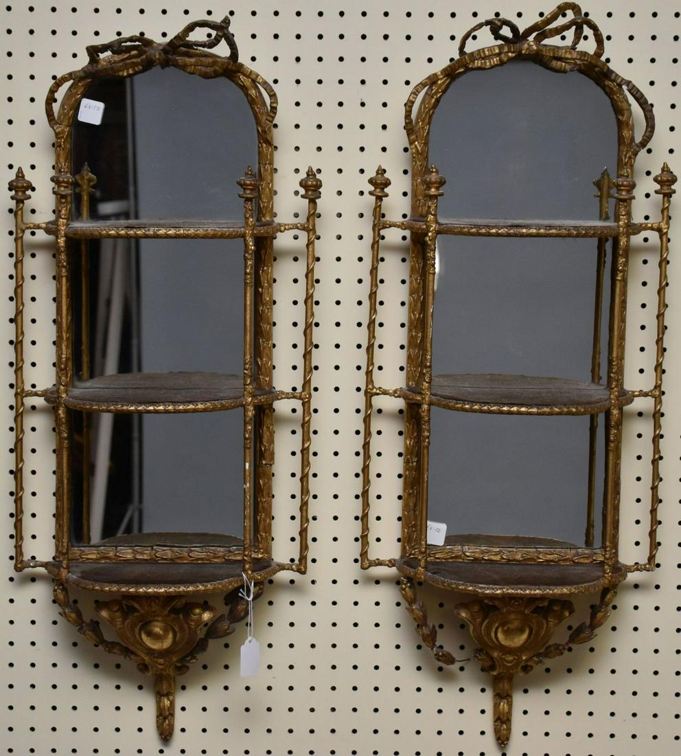 Pair Gilded Carved Wood 3 Tier Hanging Mirrored Shelves, Laurel Leaf & Bow Design, 31"h x 13"w (1 of 9)