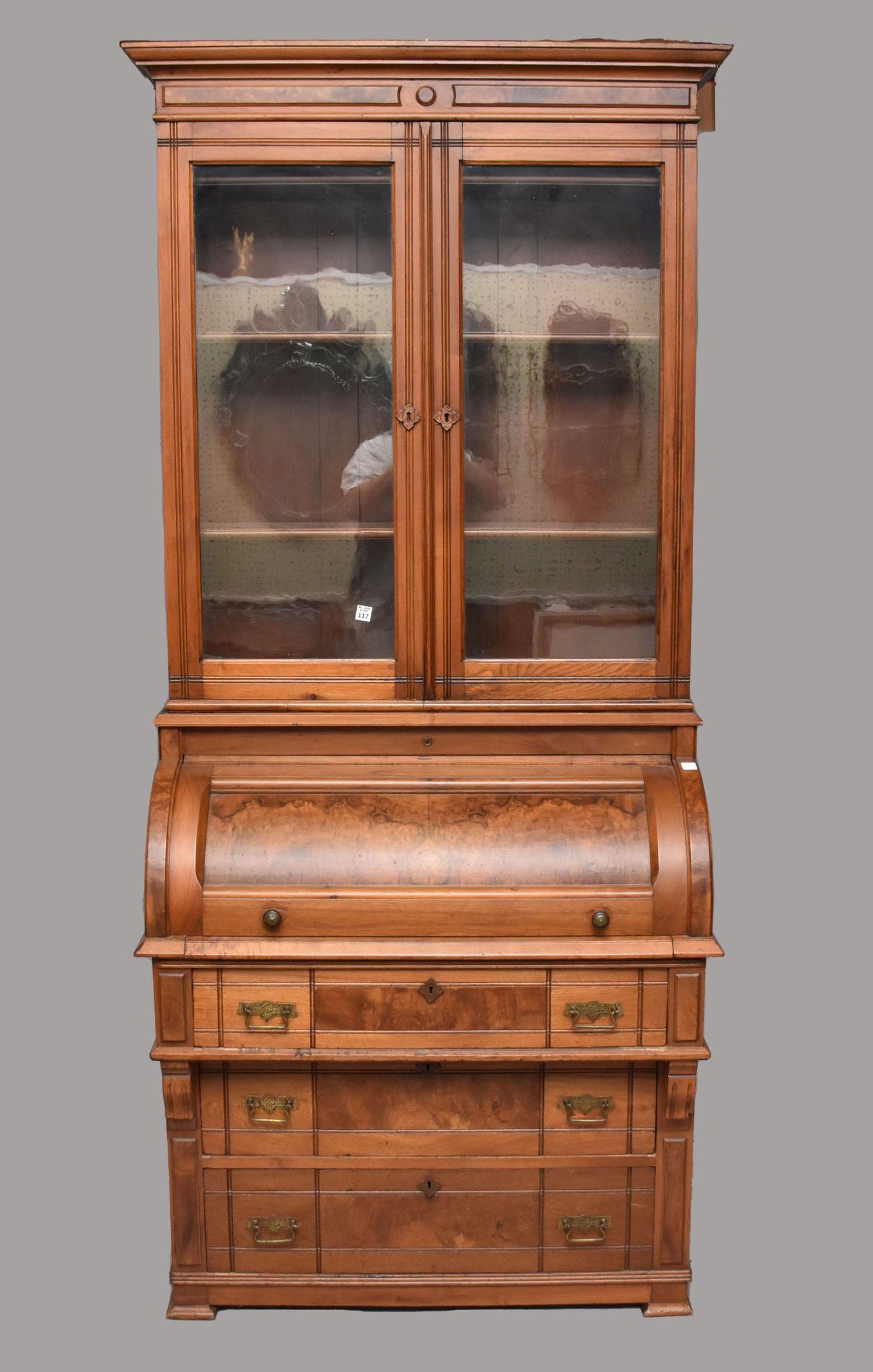 2pc. Victorian Secretary, Double Glass Doors Over Cylinder Desk Above 3 Drawers, 88"h x 37"w x 23"d (1 of 12)