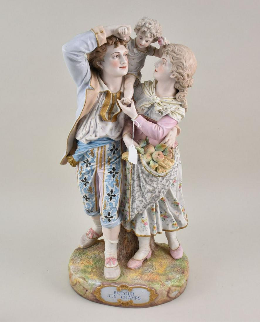 Large Bisque Figural Grouping, Retour Des Champs, 26"h x 13"w (some age cracks, needs cleaning) (1 of 11)
