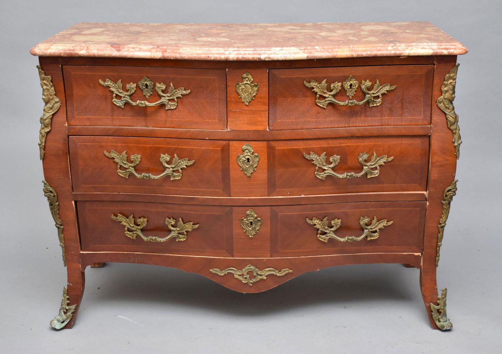 French 3 Drawer Serpentine Chest, Gilt Bronze Hardware with Marble Top, 34"h x 46"w x 19"d (1 of 6)
