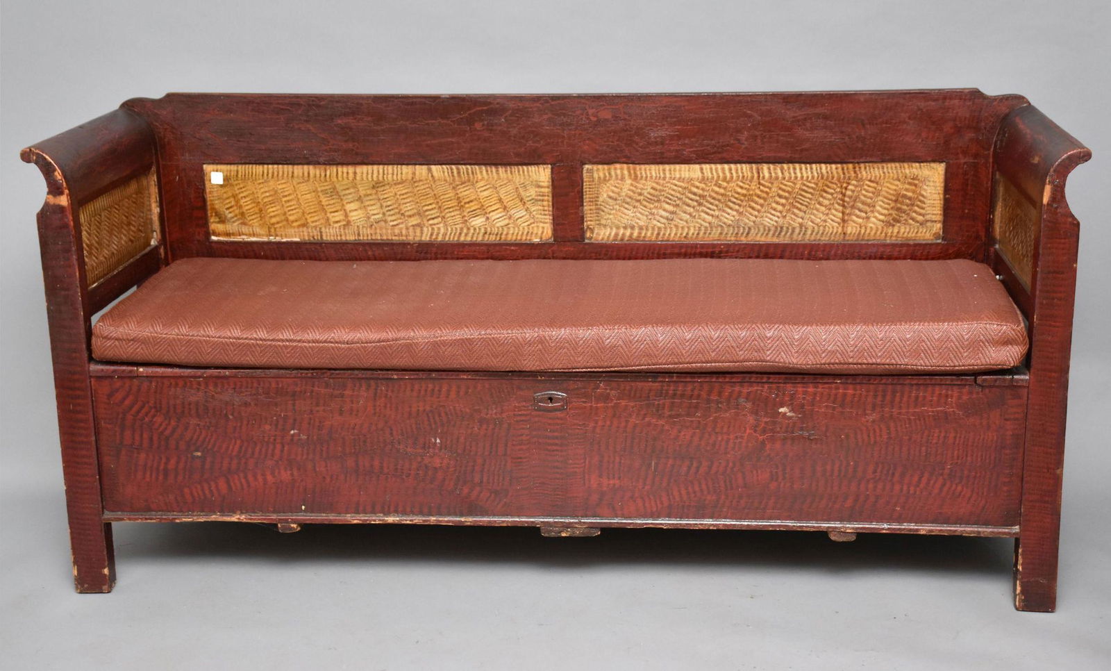 Painted Continental Bench with single loose cushion, possible church pew, 37"h x 79"w x 21"d (1 of 10)