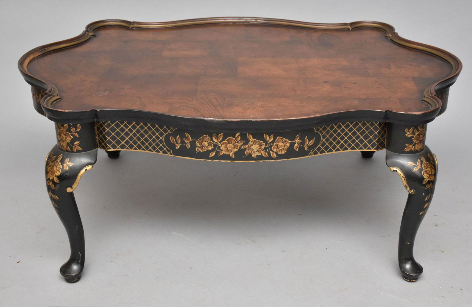 Oriental Style Coffee Table, turtle back shape, black with gold accents and burled wood top, 17 (1 of 5)