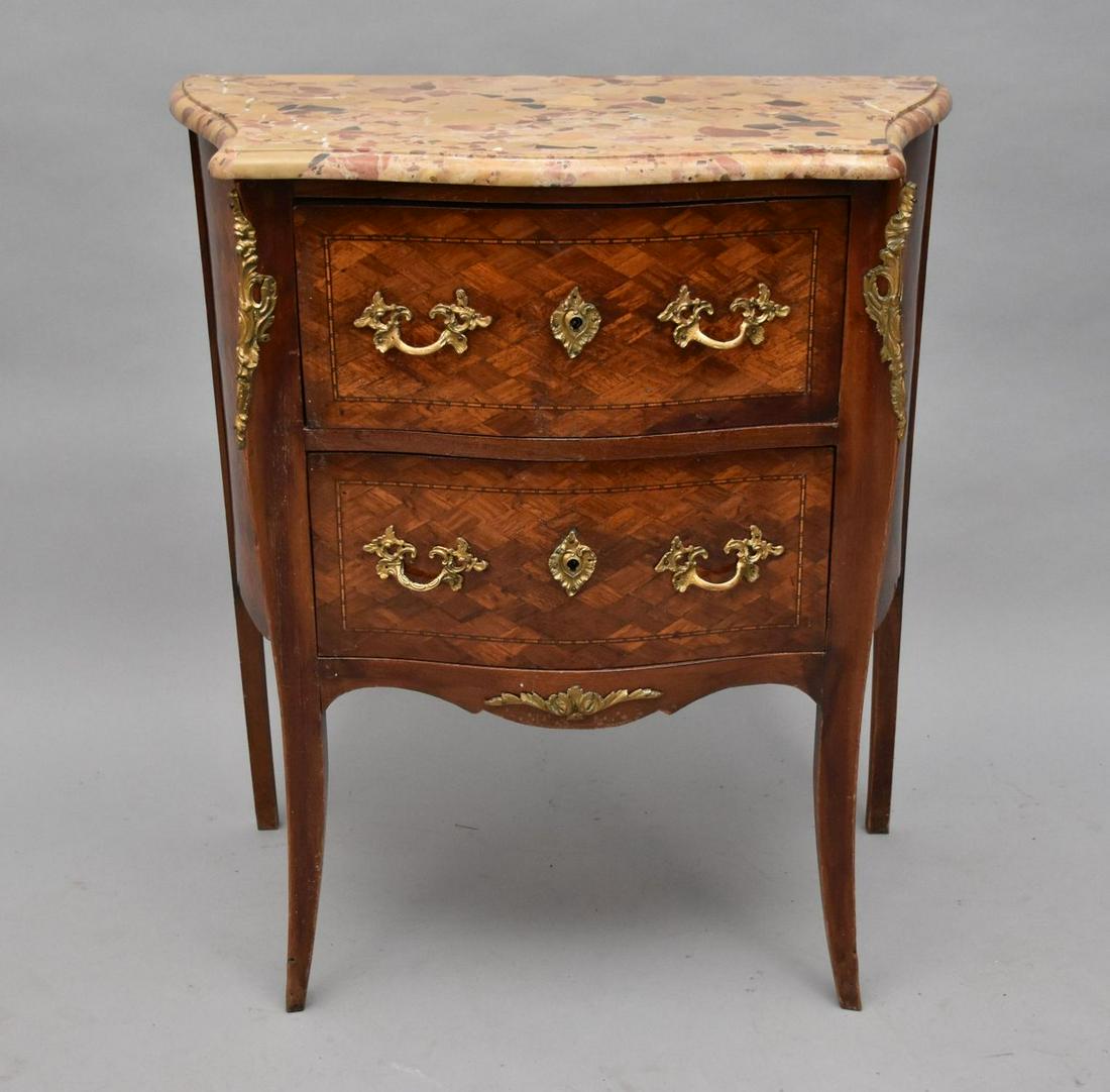 19th Century French 2 Drawer stand, gilt metal mounts, marquetry design, 33"h x 28"w x 20"d (1 of 7)