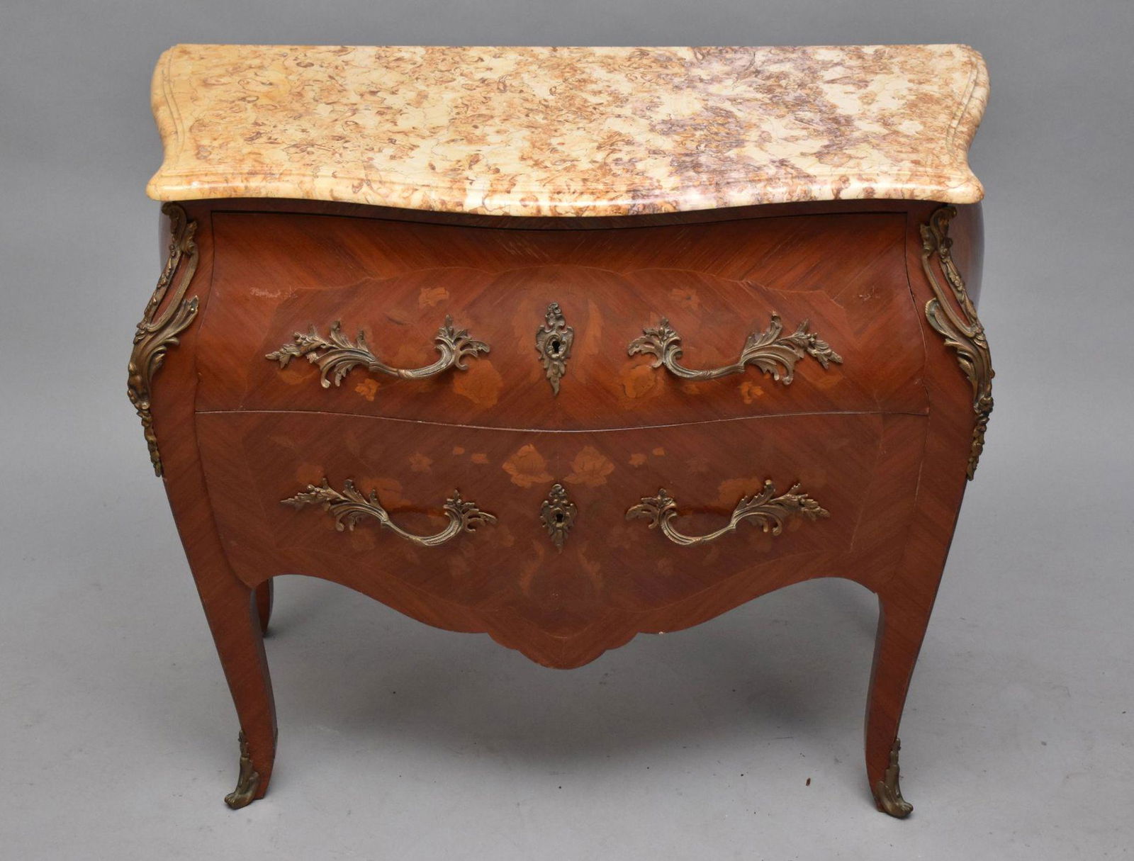 French Serpentine/Bombay 2 Drawer Chest with gilt metal mounts, marble top, 31"h x 31"w x 18"d (1 of 6)