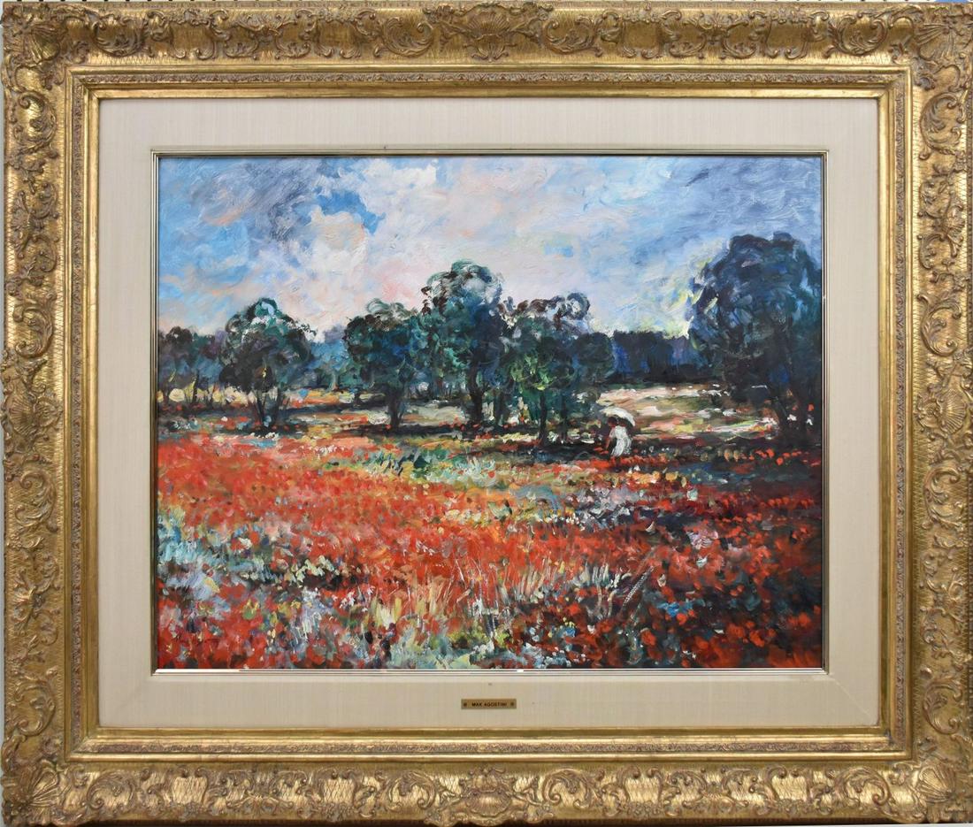 Max Agostini (FRENCH, 1914â€“1997) oil on canvas, tulips, 24" x 32" canvas, 37" x 45" overall: Max Agostini (FRENCH, 1914â€“1997) oil on canvas, tulips, 24" x 32" canvas, 37" x 45" overall