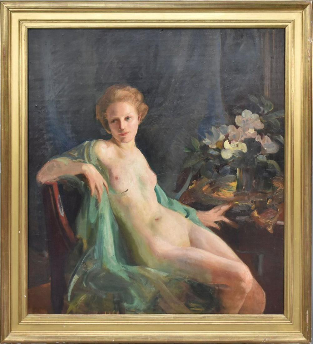 American School - Antique Painting of Seated Nude Female, Oil on board: American School Antique Painting of Seated Nude Female, Oil on board Painting, No visible signature. Gilt composition frame. Condition: Scratch with loss to paint layer across chest of figure. Note: V