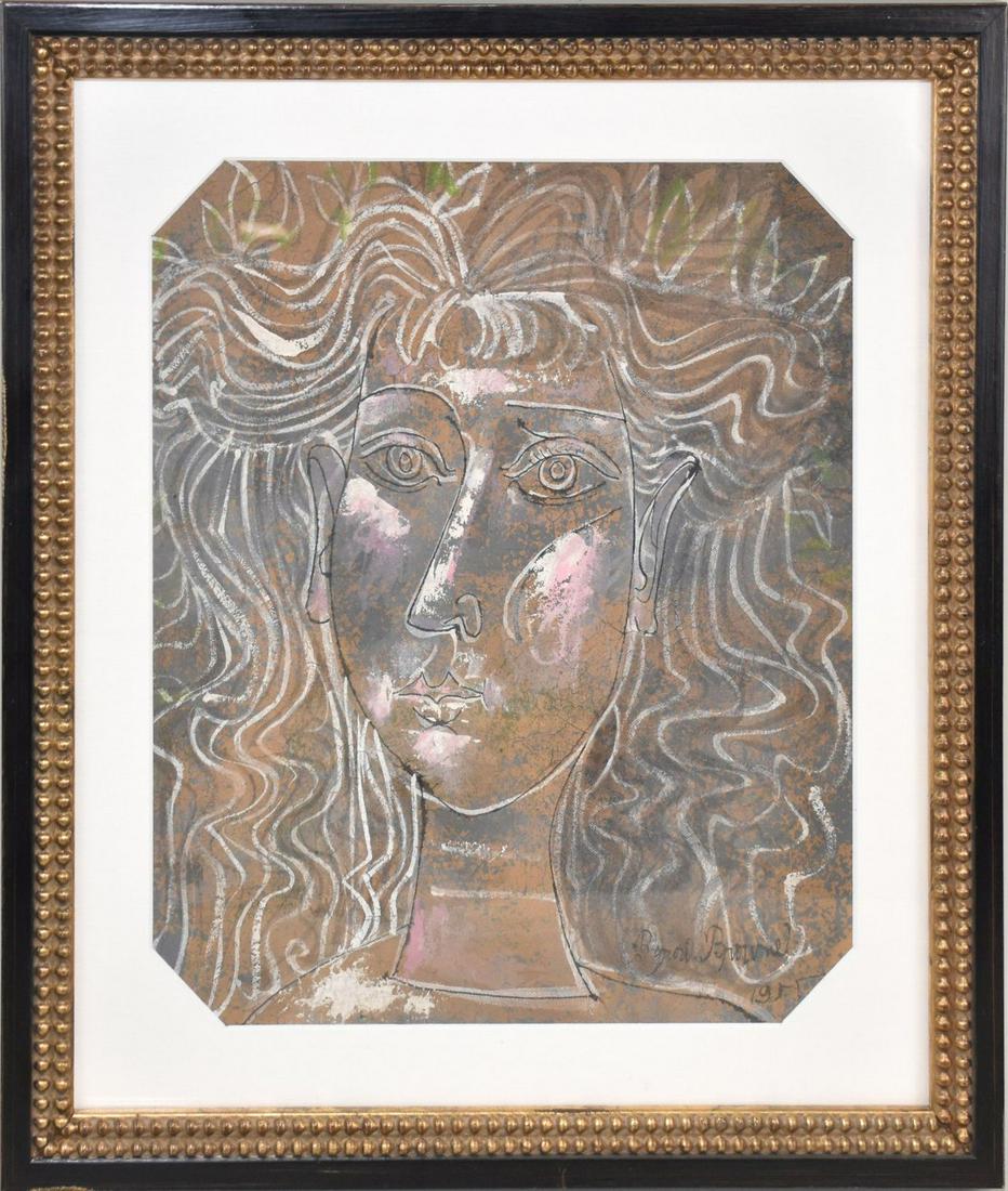 Byron Browne (AMERICAN  1907 to 1961) Portrait, Mixed Media on Cardboard, 16 x 13.5 inches, Signed (1 of 6)