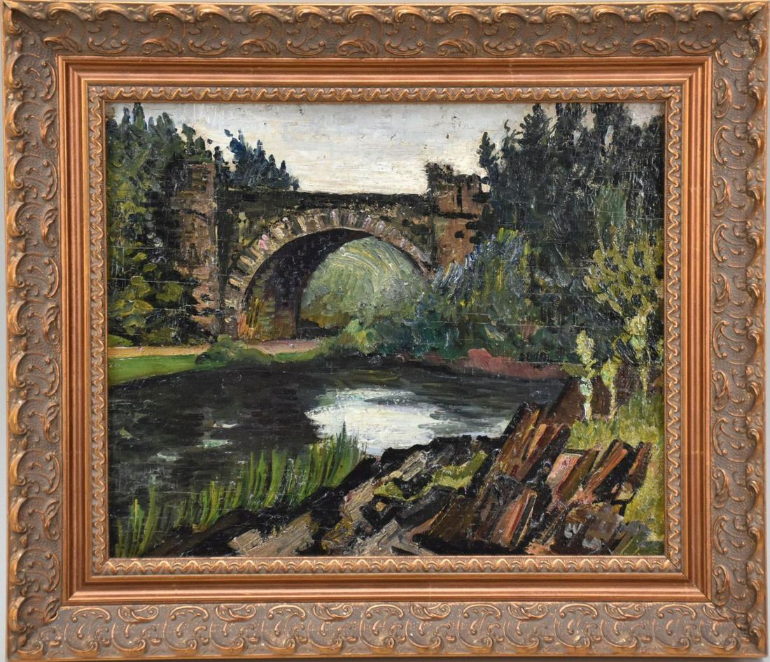 Hayley Lever Summer 1945 Side of Hutchinson Pkwy Mt. Vernon oil an panel 10 X 12* signed & inscribed: Hayley Lever Summer 1945 Side of Hutchinson Pkwy Mt. Vernon oil an panel 10 X 12* signed & inscribed on verso provenance City Island estate