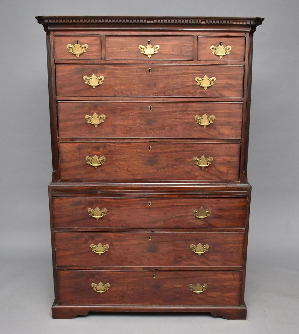 A George III mahogany veneered chest on chest, circa 1800, the molded top above a case in two (2) (1 of 13)