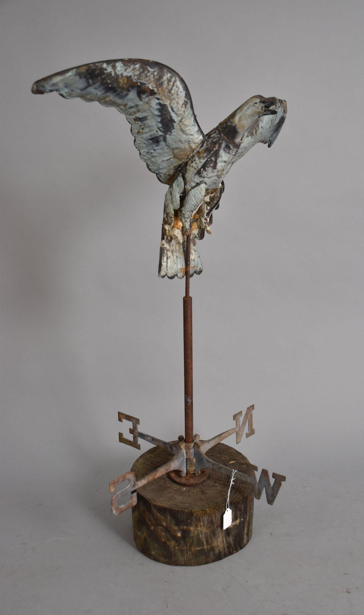 American Eagle Weathervane, Copper Zinc Full Bodied, Sans Feet, Attached Metal Stand on Round Wooden (1 of 4)