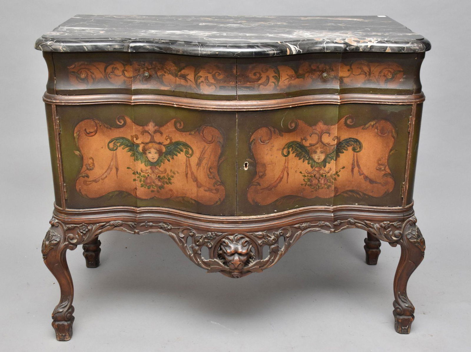 Serpentine Chest with painted design around, 2 side-by-side drawers over 2 doors, heavily carved (1 of 7)