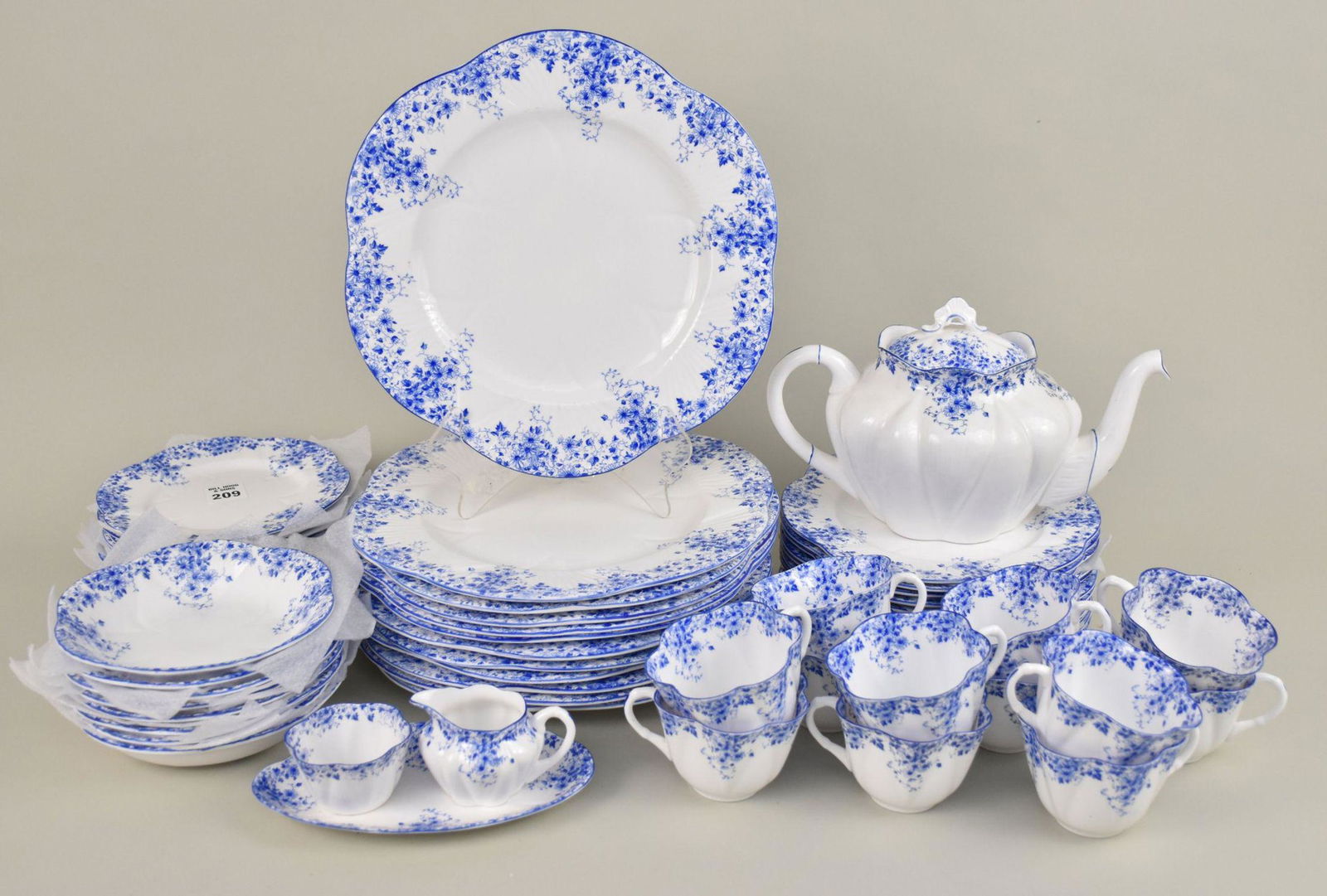 Shelly Porcelain, Daisy Blue, incl; 12 Dinner Plates, 12 Salad Plates, 12 Dessert Plates, 8 Fruit (1 of 8)