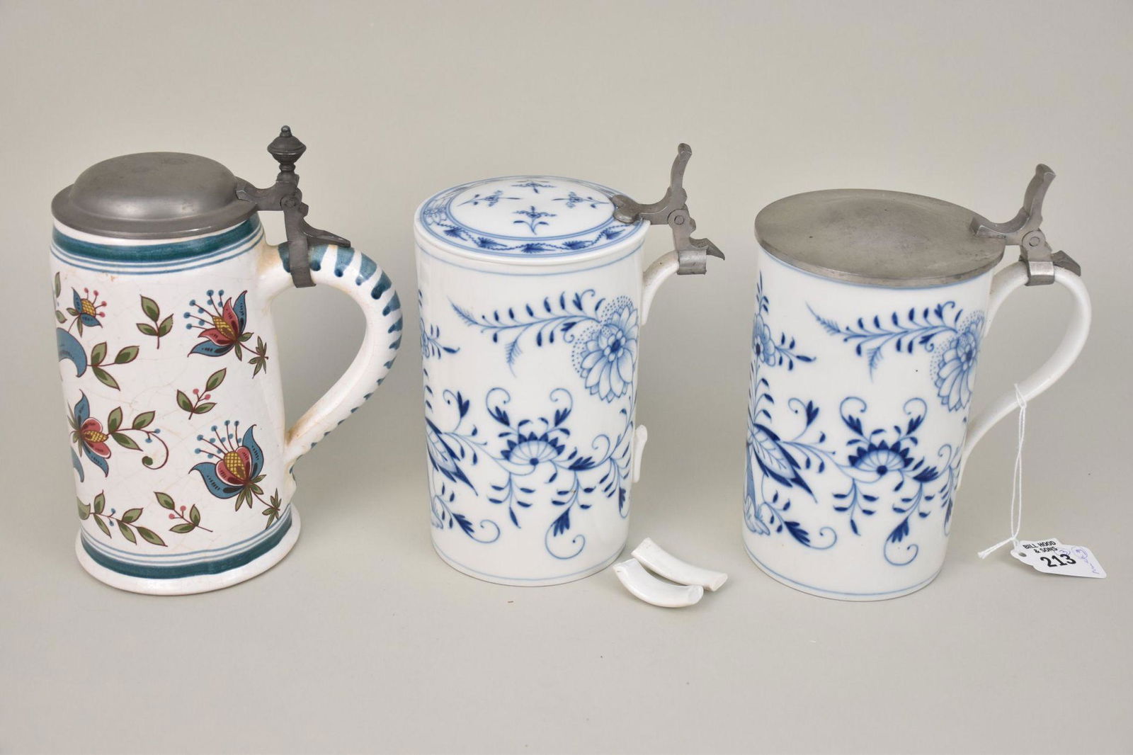 2 Meissen Beverage Steins with Pewter Lids (one needs handle glued) AND Pottery Beverage Stein with (1 of 8)